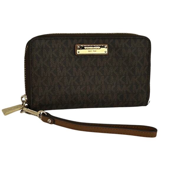 Michael Kors Brown Leather MK Logo, ID Credit Card Coin Purse with Wrist Strap - Picture 1 of 10